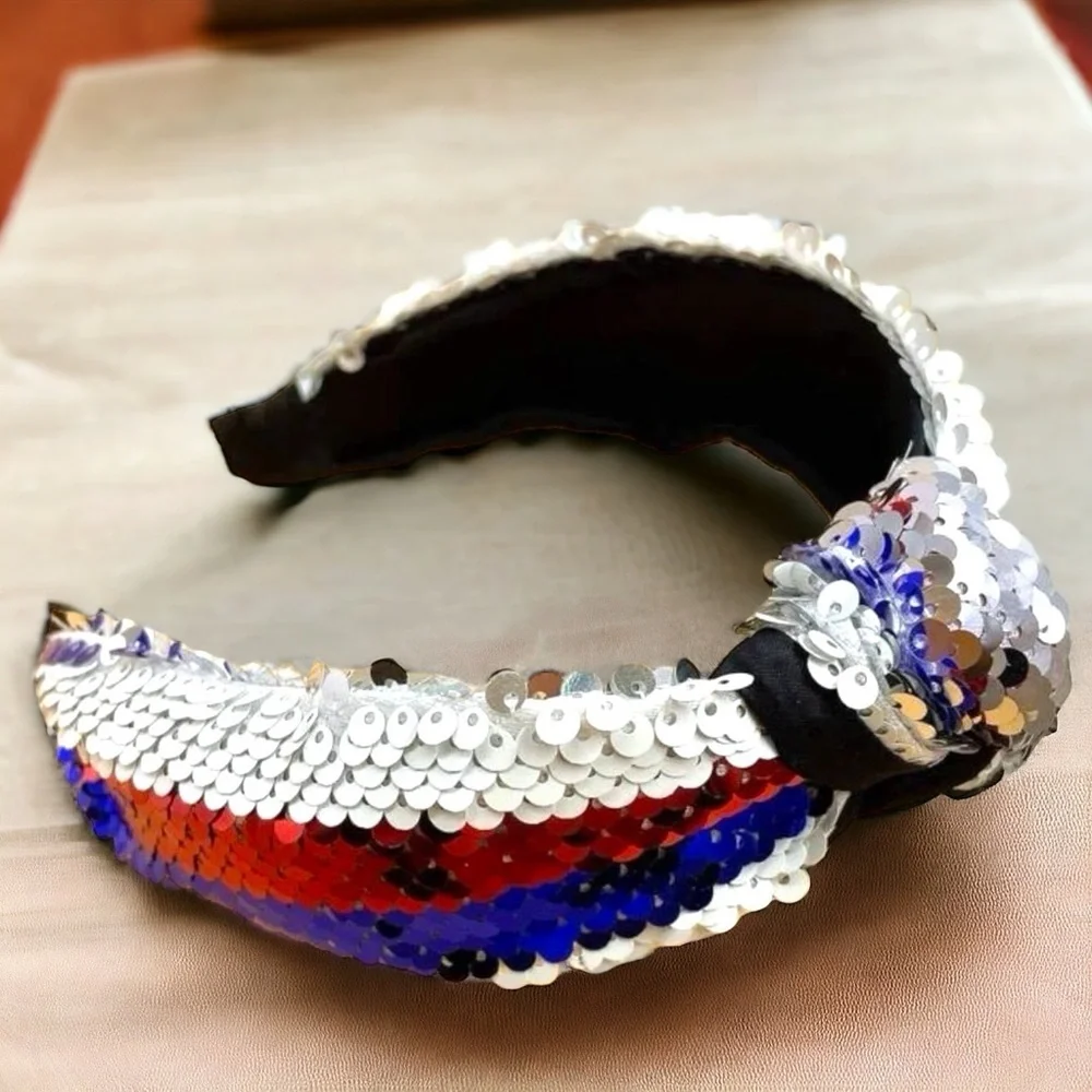 NWOT Patriotic Red White Blue Sequin Top Knot Headband